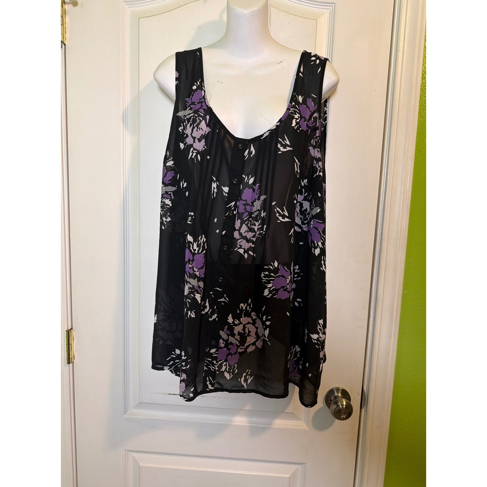 Torrid Womens Plus Size 3 Black Purple Floral Pintuck Sleeveless Chiffon Blouse